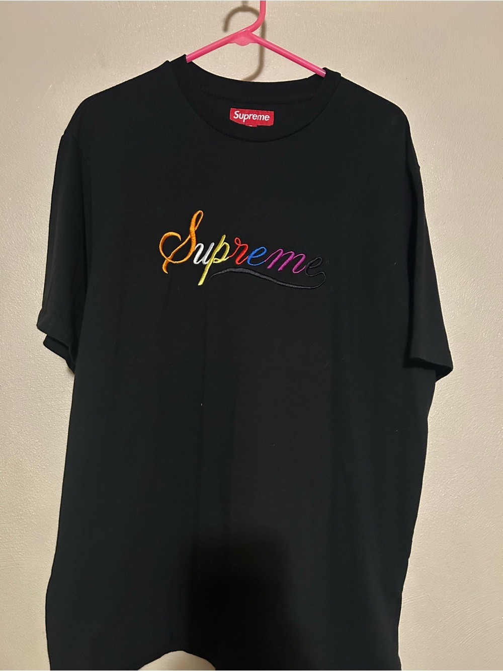Supreme Black T-Shirt with Rainbow Script Logo